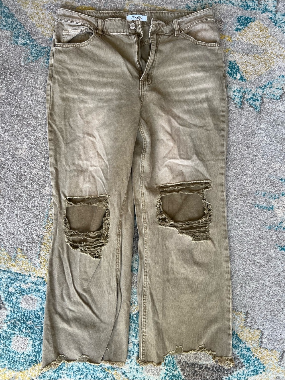 Zenana Outfitters Tan Distressed Straight-Leg Jeans